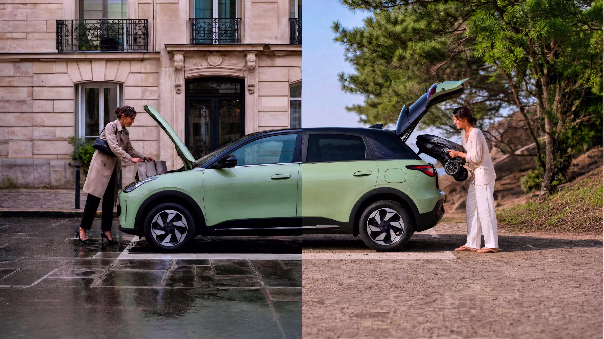 Geely E2 arrière coffre ouvert — Coffre arrière de la Geely E2 montrant sa praticité et ses rangements.