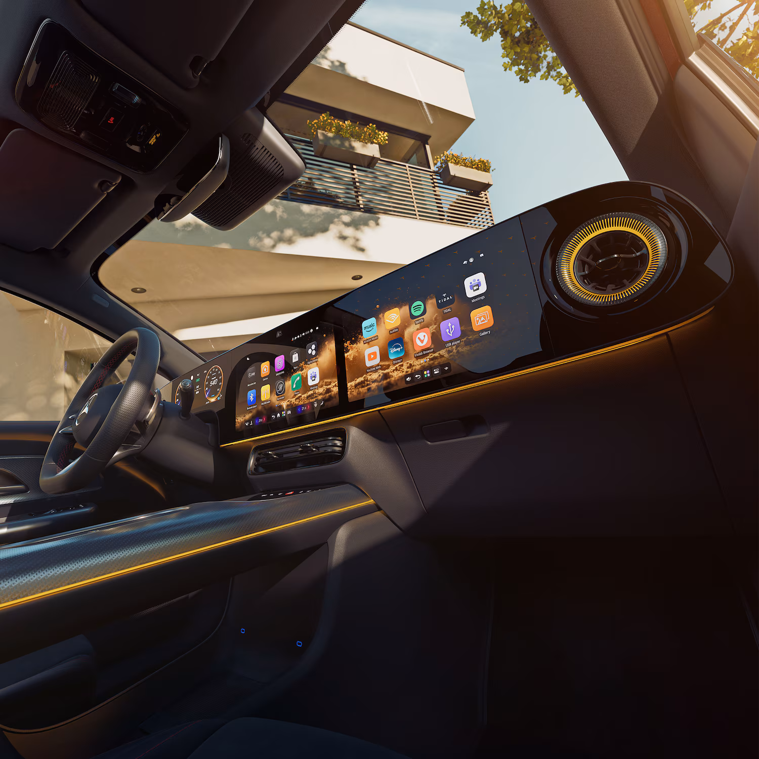 Tableau de bord numérique Mercedes avec écran Superscreen MBUX (en option), interface colorée et aérations rétro‑éclairées.
