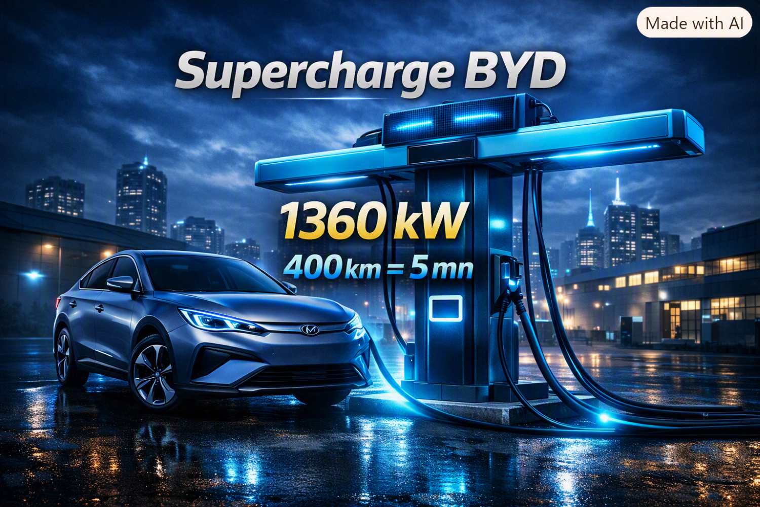 Voiture électrique BYD branchée à une borne Supercharge BYD 1360 kW, ambiance futuriste bleue, recharge 400 km en 5 minutes